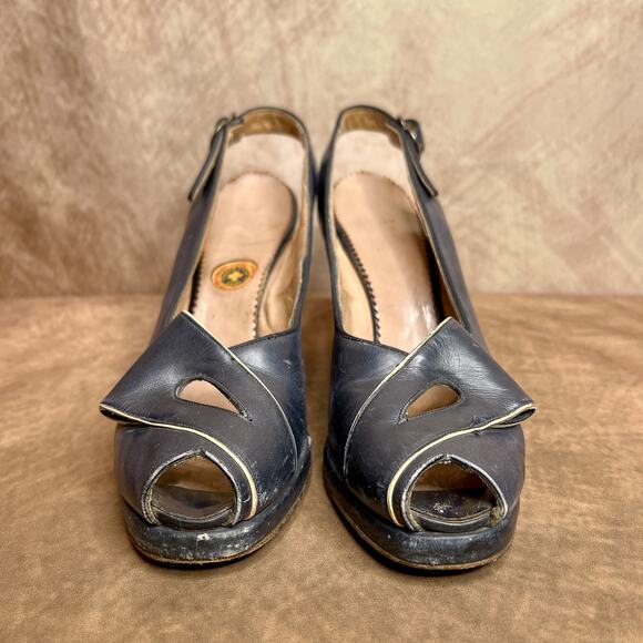 Vintage 40s Gold Cross Shoe Pumps Blue Heels Decorative Wrap Blue Open Toe Retro - Picture 2 of 13